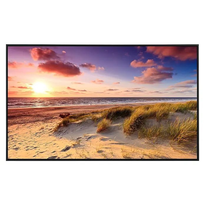 Papermoon Infrarot-Bildheizkörper Dünen Sonnenuntergang 1 - 100 x 60 cm, 600 W - Ein atemberaubender Strand bei Sonnenuntergang, eingefasst in einem eleganten, modernen Rahmen, der das natürliche Farbenspiel hervorhebt.