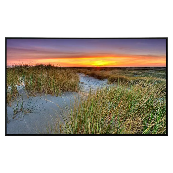 Papermoon Infrarot-Bildheizkörper Dünen Sonnenuntergang 3 - 90 x 50 cm, 450 W - Das Bild zeigt eine Leinwand mit einem friedlichen Strand bei Sonnenuntergang, ideal für eine entspannende Atmosphäre in jedem Raum.