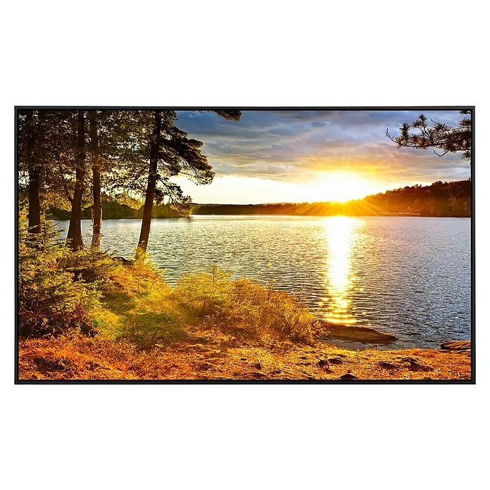 Papermoon Infrarot-Bildheizkörper Algonquin Park See - 100 x 60 cm, 800 W - Sonnenuntergang über einem ruhigen See, der die goldenen Strahlen reflektiert, umgeben von Bäumen.