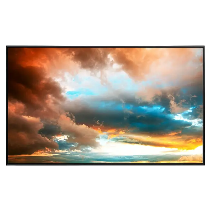 Papermoon Infrarot-Bildheizkörper Dramatischer Sonnenuntergang - 60 x 50 cm, 350 W - Ein atemberaubendes Landschaftsbild, das einen bunten Himmel bei Sonnenuntergang in einem schwarzen Rahmen einfängt.