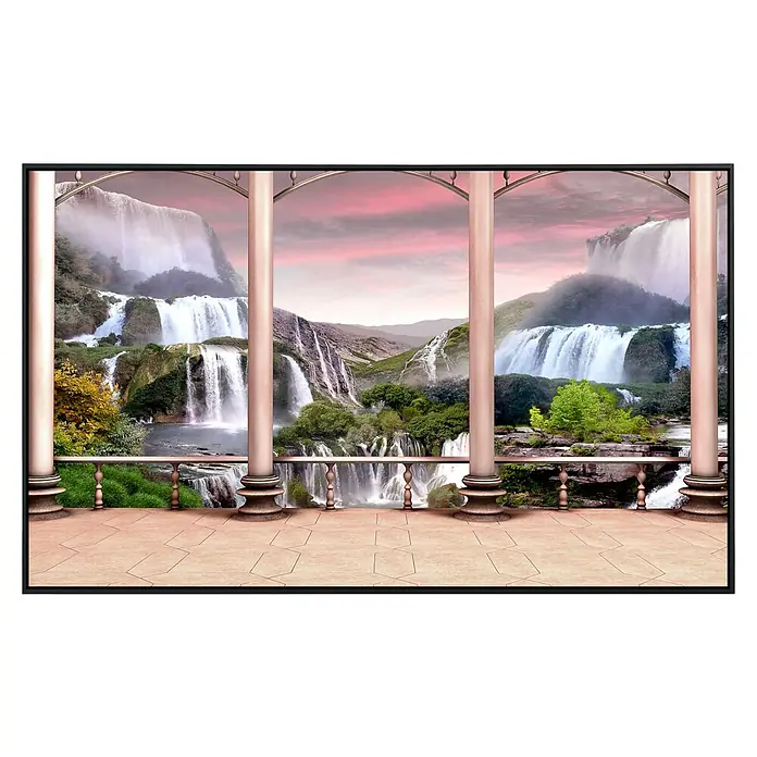 Papermoon Infrarot-Bildheizkörper Wasserfall Design - 120 x 60 cm, 1.000 W - Das Bild zeigt eine atemberaubende Landschaft mit Wasserfällen, gesehen durch die Säulen eines eleganten Balkons. Die Szene wirkt friedlich und einladend.