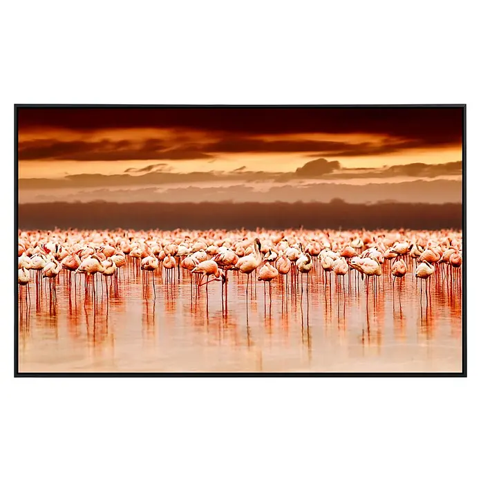Papermoon Infrarot-Bildheizkörper Afrikanische Flamingos - 90 x 50 cm, 450 W - Flamingos in einem See, eingefangen in einem Leinwanddruck. Sanfte Farben und Spiegelungen erzeugen eine beruhigende Atmosphäre in Ihrem Raum.