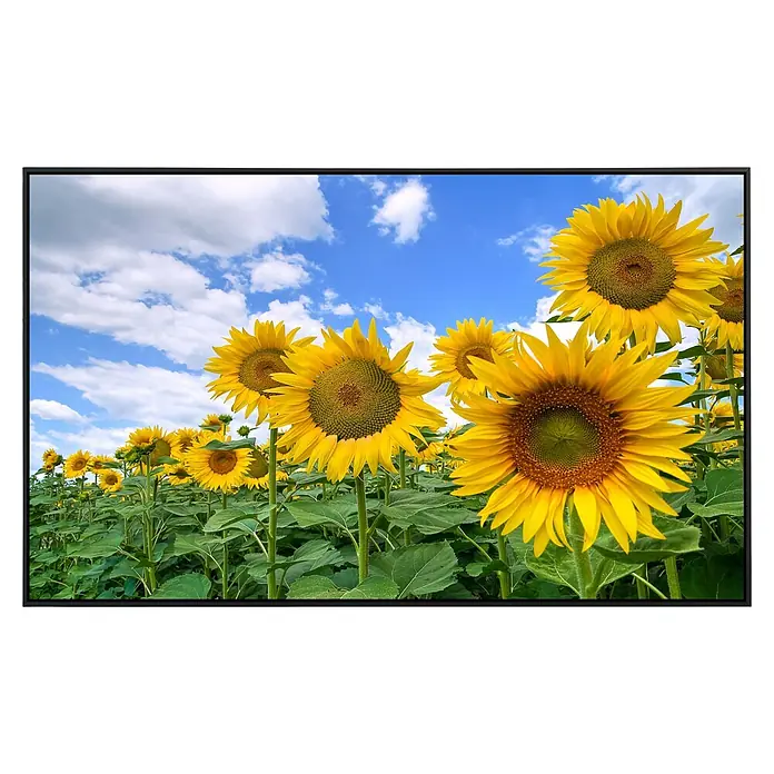 Papermoon Infrarot-Bildheizkörper Sonnenblumenfeld - 90 cm x 500 mm, 450 W - Ein strahlendes Feld voller Sonnenblumen vor einem blauen Himmel. Die leuchtenden Blütenköpfe bilden einen wunderschönen Kontrast zum Grün der Blätter.