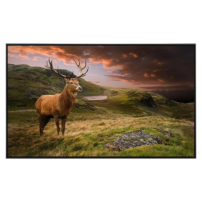 Papermoon Infrarot-Bildheizkörper Rotwild - 100 x 60 cm, 800 W - Ein majestätischer Hirsch mit großem Geweih steht in einer malerischen Landschaft mit Bergen und einem farbenprächtigen Sonnenuntergang.
