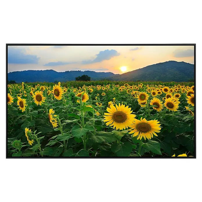 Papermoon Infrarot-Bildheizkörper Sonnenblumenfeld 2 - 100 x 60 cm, 600 W - Sonnenblumenfeld bei Sonnenuntergang, leuchtende Blütenblätter und sanftes Licht. Ein warmes und einladendes Bild in einem schwarzen Rahmen.
