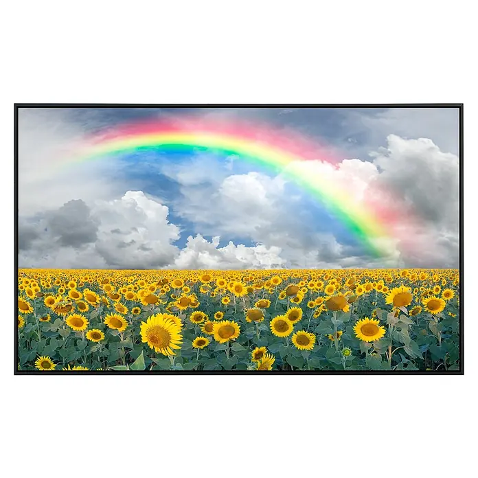 Papermoon Infrarot-Bildheizkörper Regenbogen Sonnenblumen - 60 x 50 cm, 350 W - Ein farbenfrohes gerahmtes Bild, das ein Sonnenblumenfeld unter einem Regenbogen zeigt. Die lebendigen Farben bringen Freude in jeden Raum.