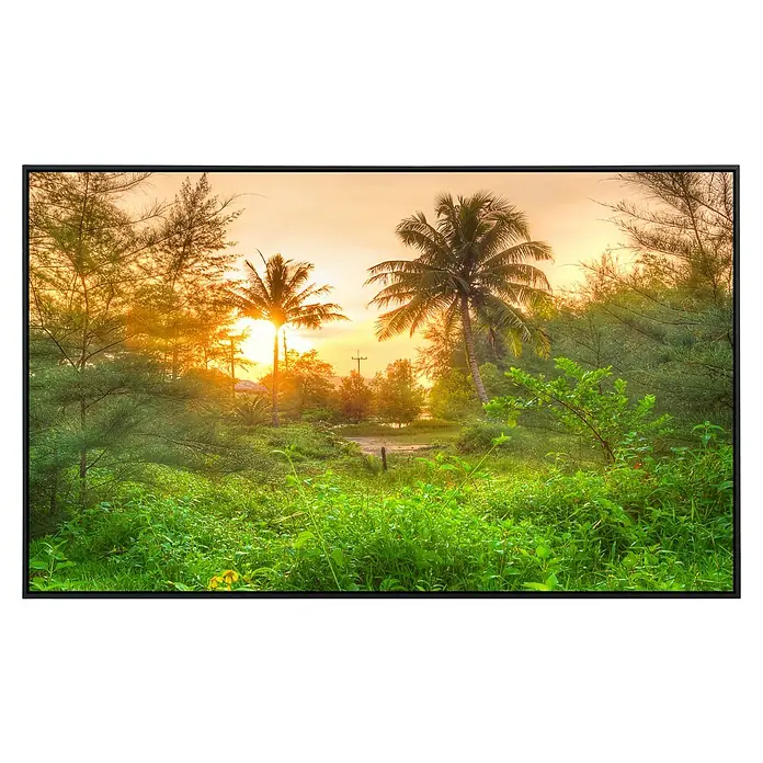 Papermoon Infrarot-Bildheizkörper Erstaunlicher Dschungel Sonnenaufgang - 100 x 60 cm, 800 W - Die Abendsonne scheint durch das grüne Dickicht und die Palmen auf einer tropischen Insel. Eine malerische Szene mit sattem Grün und warmen Farben.