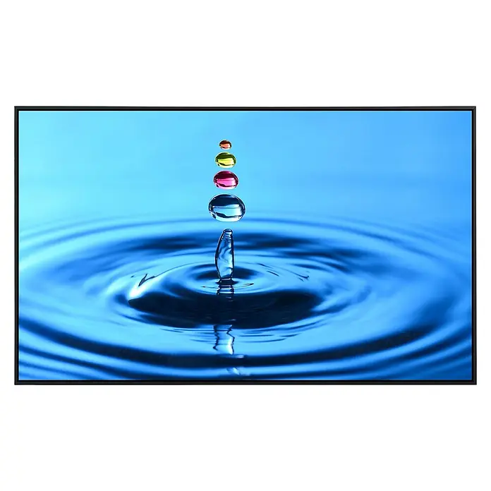 Papermoon Infrarot-Bildheizkörper Spritztröpfchen - 90 x 50 cm, 450 W - Nahaufnahme eines Displays mit Wassertropfen, die auf eine Wasseroberfläche fallen und konzentrische Wellen erzeugen, in lebendigen Blautönen.