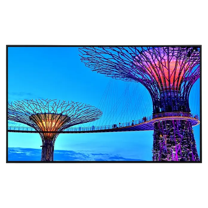 Papermoon Infrarot-Bildheizkörper Singapore Bay Supertrees - 90 x 50 cm, 450 W - Beleuchtete Supertrees im Gardens by the Bay, verbunden durch einen Skywalk, unter einem klaren blauen Abendhimmel.