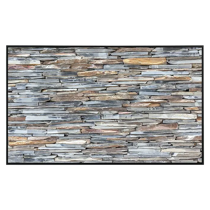 Papermoon Infrarot-Bildheizkörper Stonewall - 100 x 60 cm, 800 W - Nahaufnahme einer Wand aus Natursteinpaneelen in verschiedenen Grau- und Brauntönen, die eine rustikale und moderne Optik vereinen.