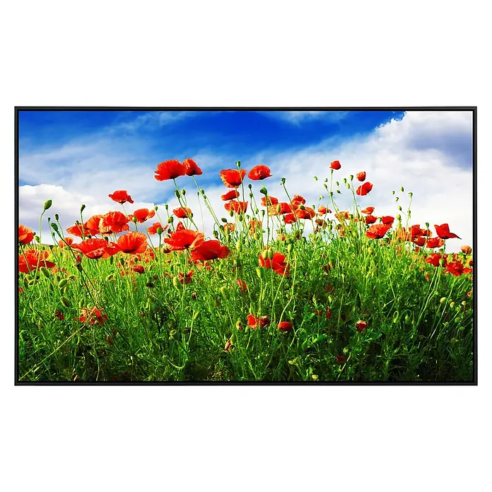 Papermoon Infrarot-Bildheizkörper Rote Mohnblumen 1 - 60 x 50 cm, 350 W - Ein hochauflösender Monitor mit einem leuchtenden Mohnblumenfeld unter blauem Himmel und weißen Wolken. Lebendige Farben und scharfe Details.