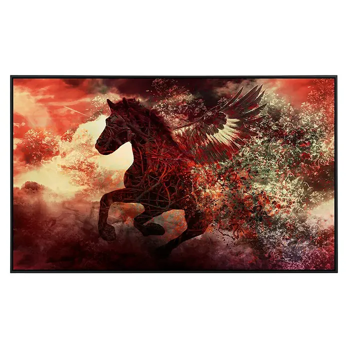 Papermoon Infrarot-Bildheizkörper Apokalypse - 90 x 50 cm, 450 W - Lebendige Darstellung eines geflügelten Pferdes in Rottönen, ein dynamisches Kunstwerk, das Bewegung und Kraft einfängt.