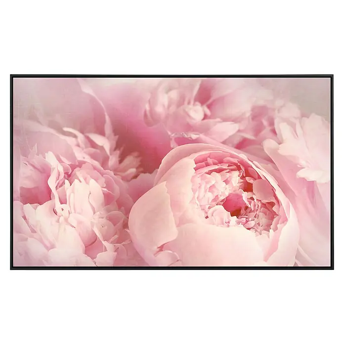 Papermoon Infrarot-Bildheizkörper Pfingstrosenblumen - 120 x 60 cm, 1.200 W - Nahaufnahme eines gerahmten Gemäldes zarter, rosa Pfingstrosen, die eine ruhige und elegante Atmosphäre schaffen.