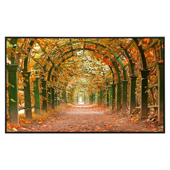 Papermoon Infrarot-Bildheizkörper Herbstgarten - 90 x 50 cm, 450 W - Herbstliche Allee mit Laub bedecktem Tunnel und grünem Säulengang, der einen malerischen Pfad rahmt.