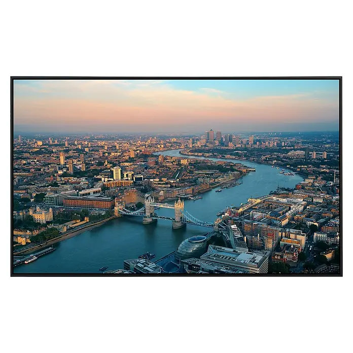 Papermoon Infrarot-Bildheizkörper Skyline von London - 100 x 60 cm, 600 W - Luftaufnahme der Stadt London mit der Tower Bridge im Fokus, dargestellt auf einem hochauflösenden Bildschirm mit lebendigen Farben.