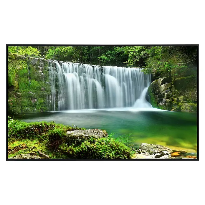Papermoon Infrarot-Bildheizkörper Emerald Lake Wasserfälle - 90 x 50 cm, 450 W - Bildschirmansicht eines Wasserfalls mit Moosfelsen, der einen atemberaubenden Naturfrieden für ein immersives Seherlebnis bietet.