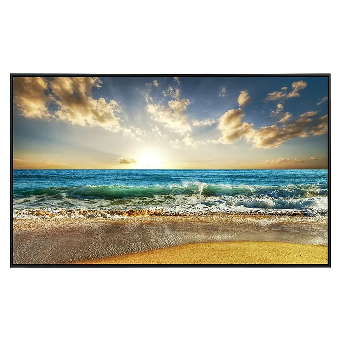Papermoon Infrarot-Bildheizkörper Strand im Sonnenuntergang Thailand - 90 x 50 cm, 450 W - Das Bild zeigt eine Leinwand mit dem Motiv eines sonnigen Strandes. Die Leinwand ist gerahmt und fängt die Schönheit der Meereslandschaft ein.