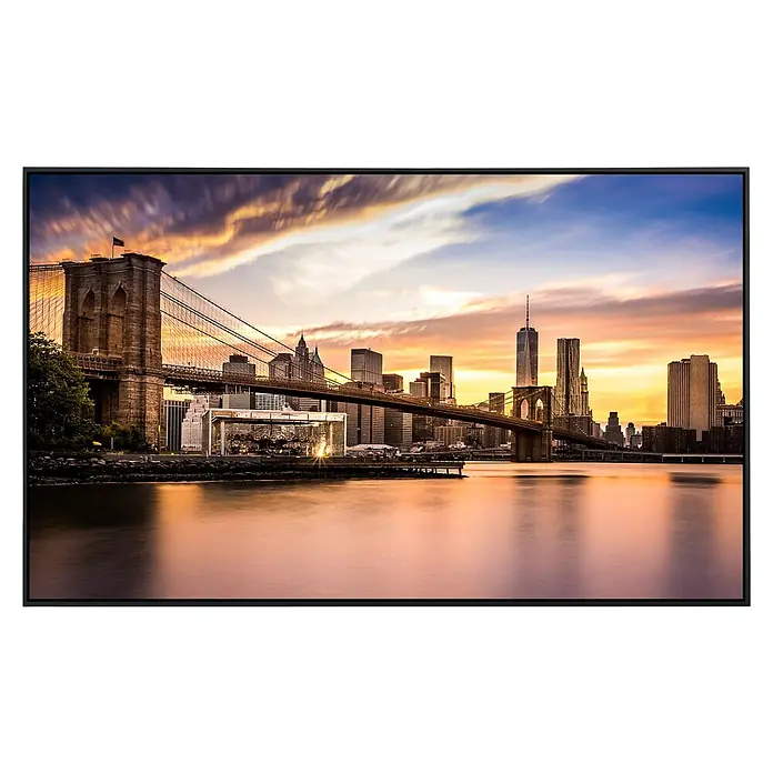 Papermoon Infrarot-Bildheizkörper Brücke Brooklyn bei Sonnenuntergang - 100 x 60 cm, 800 W - Dieses atemberaubende Wandbild zeigt die Skyline von New York mit der Brooklyn Bridge bei Sonnenuntergang, gerahmt in edlem Schwarz.
