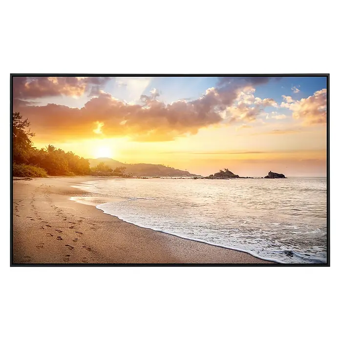 Papermoon Infrarot-Bildheizkörper Karnataka Beach - 120 x 60 cm, 1.000 W - Das gerahmte Bild zeigt einen wunderschönen Sonnenuntergang am Strand mit warmen Farben und sanften Wellen, perfekt für jedes Zuhause.
