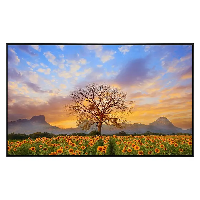 Papermoon Infrarot-Bildheizkörper Sonnenblumenfeld 3 - 60 x 50 cm, 350 W - Ein atemberaubender Kunstdruck mit einem Sonnenblumenfeld bei Sonnenuntergang, gerahmt, um die lebendigen Farben hervorzuheben.