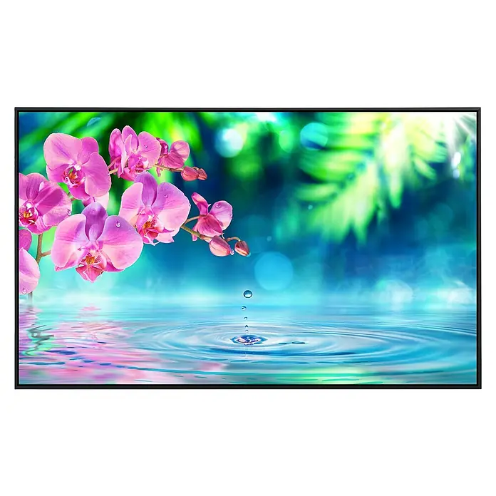 Papermoon Infrarot-Bildheizkörper Zen Orchidee und Tröpfchen - 100 cm x 600 mm, 600 W - Nahaufnahme von rosa Orchideenblüten und Wassertropfen mit Spiegelungen in einem malerischen TV-Display.