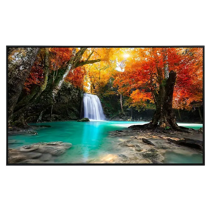 Papermoon Infrarot-Bildheizkörper Tiefer Waldwasserfall 2120 x 60 cm, 750 W - Hochauflösendes Display, das einen üppigen Wasserfall mit Herbstlaub und türkisfarbenem Wasser in einem klaren, gerahmten Design zeigt.