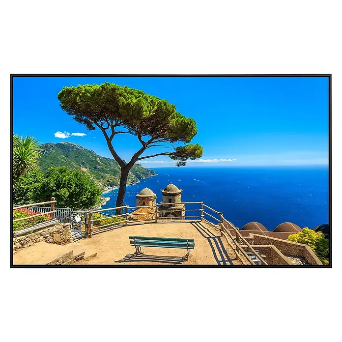 Papermoon Infrarot-Bildheizkörper Panorama Ravello Amalfi - 100 x 60 cm, 600 W - Malerische Aussicht vom Hügel mit Baum, Bank und Meerblick. Eine atemberaubende Landschaft in einem TV-Gerät mit sattem Blau und Grün.