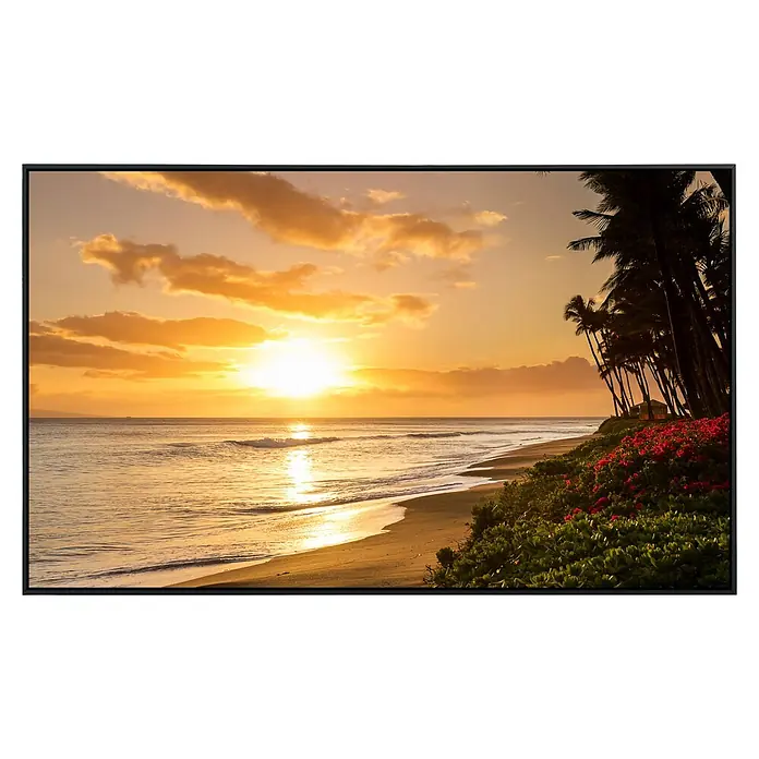 Papermoon Infrarot-Bildheizkörper Tropischer Sonnenuntergang Kaanapali Beach - 100 x 60 cm, 800 W - Ein atemberaubendes Foto, das einen ruhigen Strand bei Sonnenuntergang zeigt. Warme Farben und Palmen prägen dieses friedliche Küstenbild.
