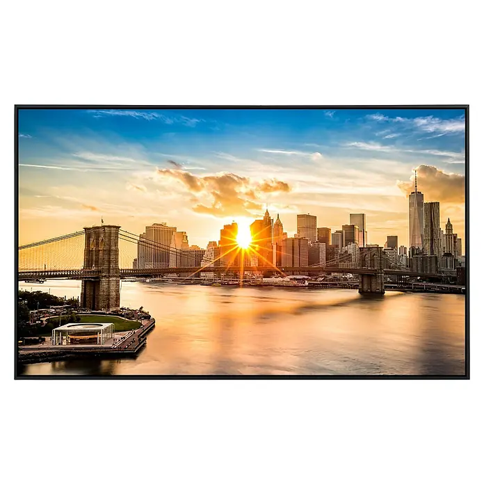 Papermoon Infrarot-Bildheizkörper Brooklyn Bridge Sonnenuntergang 1 - 60 x 50 cm, 350 W - Das atemberaubende Bild zeigt die Skyline von New York bei Sonnenuntergang, mit der Brooklyn Bridge im Vordergrund, dargestellt auf einem modernen Bildschirm.