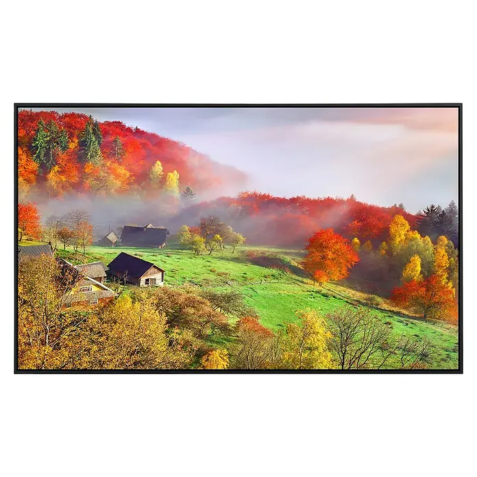 Papermoon Infrarot-Bildheizkörper Autumn Bergdorf - 60 x 50 cm, 350 W - Stimmungsvolles Herbstbild mit farbenprächtigen Bäumen, sanften Hügeln und traditionellen Holzhäusern. Malerische Landschaft im Nebel.