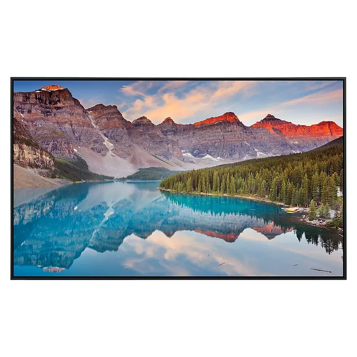 Papermoon Infrarot-Bildheizkörper Moraine Lake Sunrise - 60 x 50 cm, 350 W - Das Bild zeigt einen Fernseher mit einem atemberaubenden Landschaftsbild von Moraine Lake, umgeben von Bergen und Wäldern.