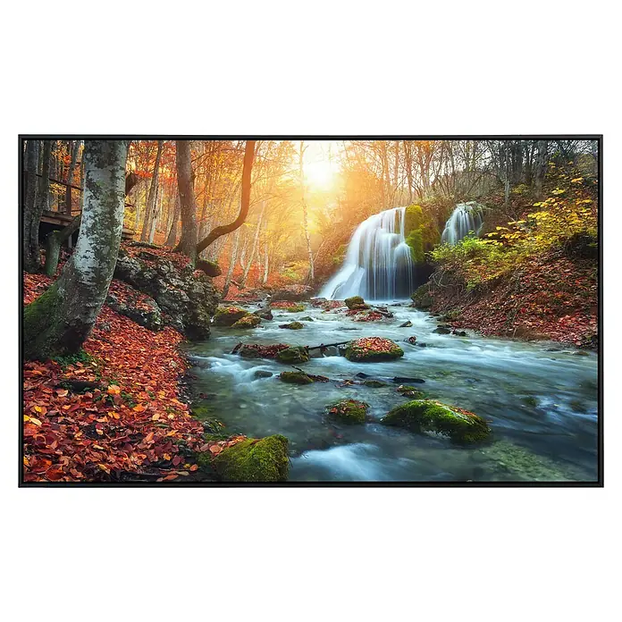 Papermoon Infrarot-Bildheizkörper Mountain River Autun Wasserfall - 120 x 60 cm, 1.000 W - Ein ruhiger Wasserfall im Herbstwald. Das Bild zeigt einen malerischen Naturrahmen mit satten Farben und sanftem Licht.