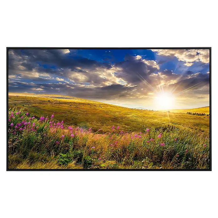 Papermoon Infrarot-Bildheizkörper Wilder Blumenberg - 120 x 60 cm, 1.200 W - Flachbildfernseher mit atemberaubender Landschaftsdarstellung mit blühenden Blumen und einer strahlenden Sonne am Himmel.