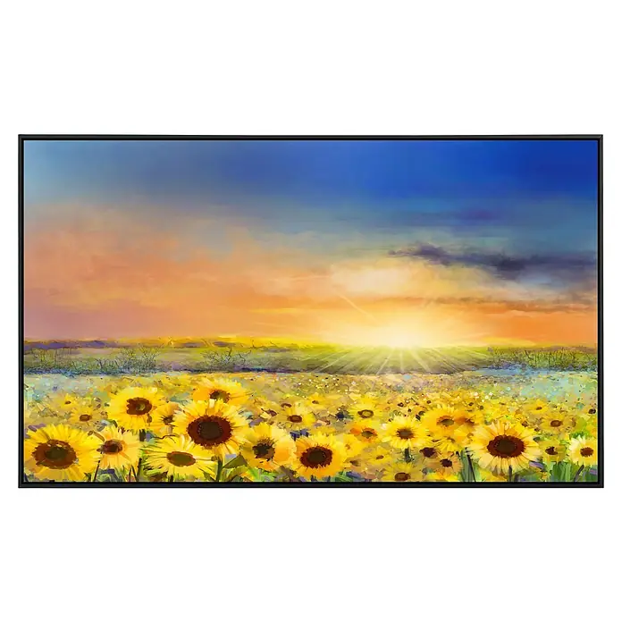 Papermoon Infrarot-Bildheizkörper Sonnenblumen malen - 120 x 60 cm, 1.000 W - Ein Gemälde von Sonnenblumen bei Sonnenuntergang, das die Schönheit der Natur und die Wärme des Sonnenlichts einfängt.\n
