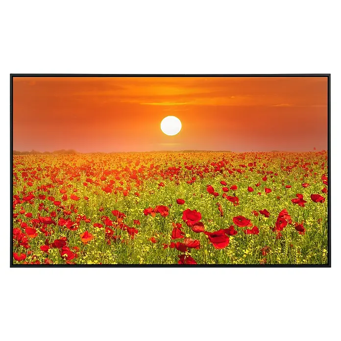 Papermoon Infrarot-Bildheizkörper Rotes Mohnfeld 2 - 100 x 60 cm, 600 W - Gemälde eines Mohnfeldes im Sonnenuntergang mit üppigen roten und gelben Blumen unter einem leuchtend orangefarbenen Himmel in einem schwarzen Rahmen.