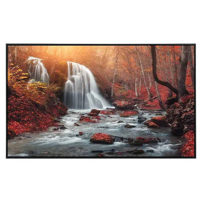 Papermoon Infrarot-Bildheizkörper Berg Sonnenuntergang Wasserfall - 60 x 50 cm, 350 W - Idyllisches Landschaftsgemälde mit Wasserfall und Herbstlaub, gerahmt in elegantem Schwarz, strahlt Ruhe und natürliche Schönheit aus.