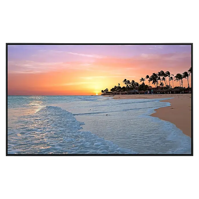 Papermoon Infrarot-Bildheizkörper Aruba Beach Sonnenuntergang - 120 x 60 cm, 1.000 W - Atemberaubender Sonnenuntergang über dem ruhigen Strand mit sanften Wellen, die an den goldenen Sand schlagen, eingefangen auf einem hochauflösenden Bildschirm.