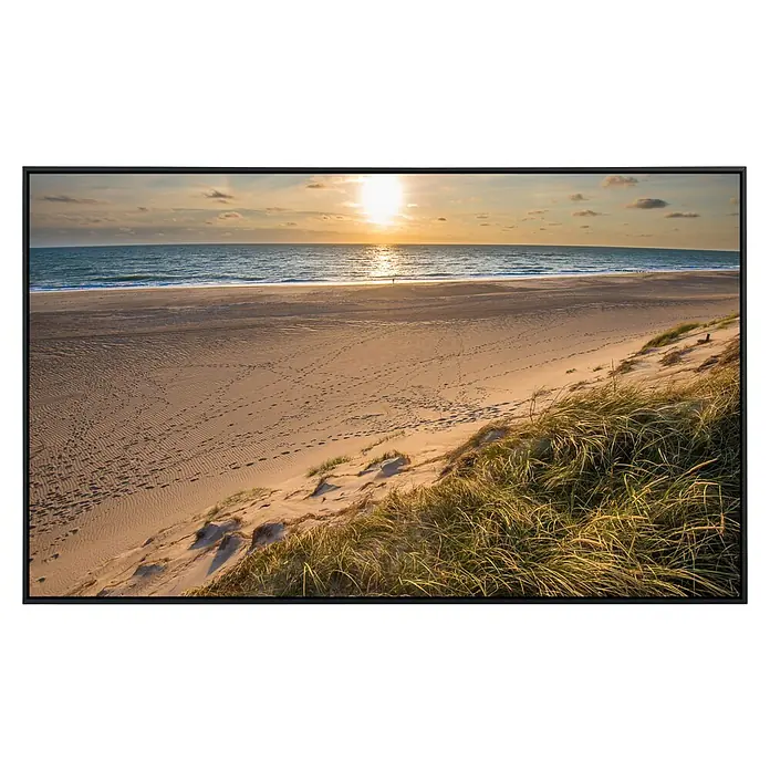 Papermoon Infrarot-Bildheizkörper Dunes Beach Jütland - 60 x 50 cm, 350 W - Sonnenuntergang am Strand. Der Artikel zeigt eine Leinwand mit einem friedlichen Strand bei Sonnenuntergang, ideal für entspannende Wohnräume.