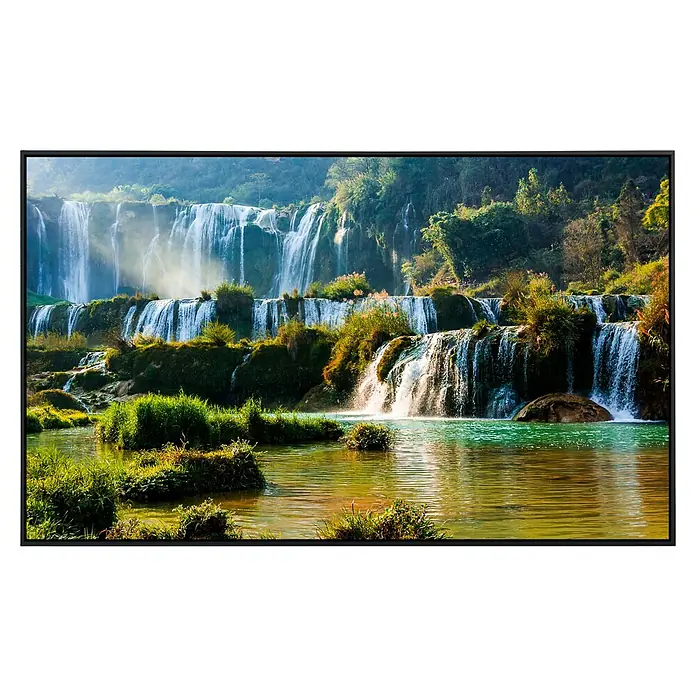 Papermoon Infrarot-Bildheizkörper Kowloon Wasserfall - 90 x 50 cm, 450 W - Atemberaubender Wasserfall mit üppigem Grün, eingefasst in einem eleganten schwarzen Rahmen. Naturschönheit für Ihr Zuhause.