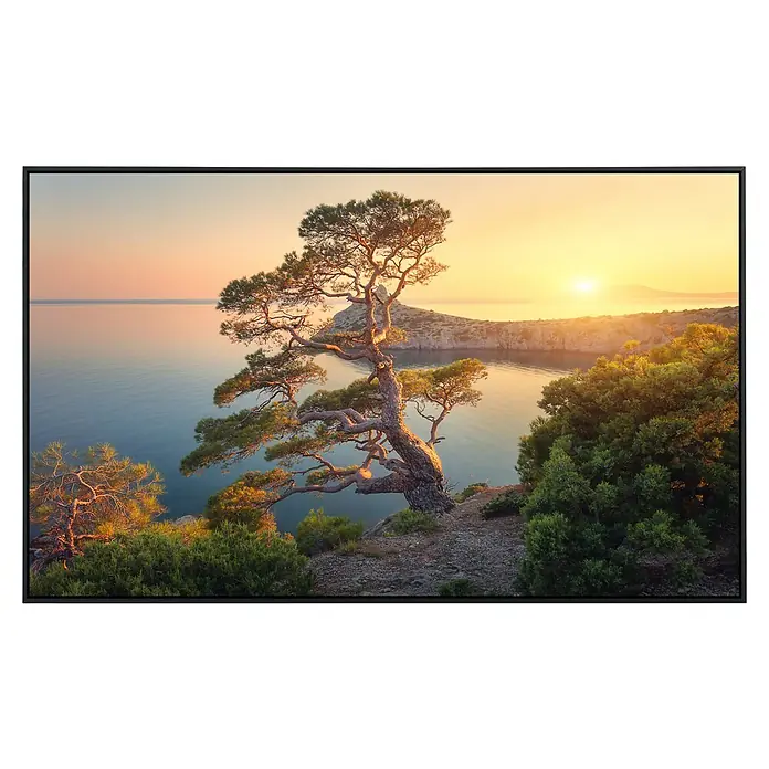 Papermoon Infrarot-Bildheizkörper Baumberg Sonnenuntergang - 60 x 50 cm, 350 W - Malerisches Landschaftsbild mit einem markanten Baum im Vordergrund, Meerblick und Sonnenuntergang, gerahmt in einem modernen TV-Display.
