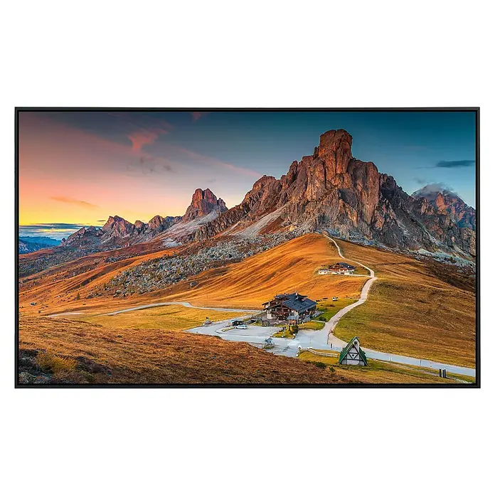 Papermoon Infrarot-Bildheizkörper Alpenpass Dolomiten - 60 x 50 cm, 350 W - Der Monitor zeigt eine beeindruckende Berglandschaft bei Sonnenaufgang, die durch ihre natürliche Schönheit besticht.