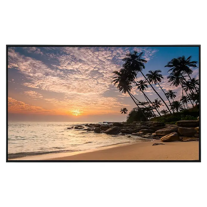 Papermoon Infrarot-Bildheizkörper Palm Beach Sri Lanka 2 - 60 x 50 cm, 350 W - Ein gerahmtes Bild zeigt eine malerische Strandszene mit Palmen bei Sonnenuntergang, ideal für eine entspannende Atmosphäre in jedem Raum.
