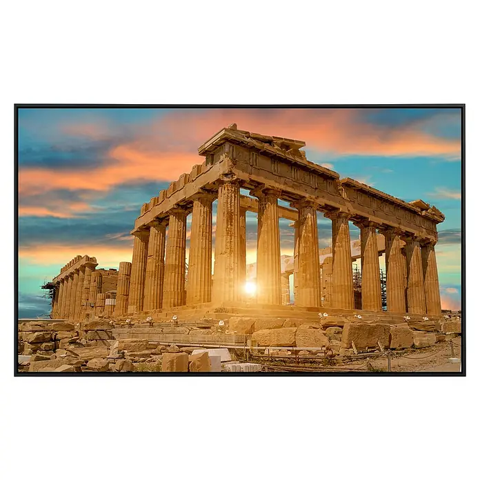 Papermoon Infrarot-Bildheizkörper Parthenon Athen 2 - 90 x 50 cm, 450 W - Ansicht des Parthenon-Tempels, einer antiken griechischen Stätte, die durch die warme Beleuchtung des Sonnenuntergangs hervorgehoben wird.
