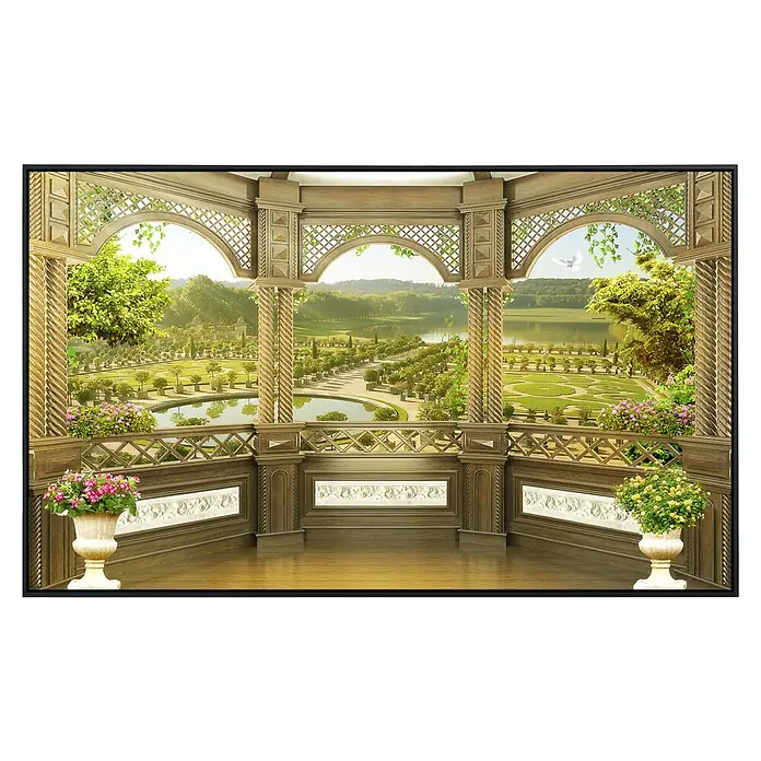 Papermoon Infrarot-Bildheizkörper Fresko Gartenterrasse - 100 x 60 cm, 600 W - Gartenzimmer-Wandbild. Eine elegante Wandbildtapete mit einem hölzernen Gazebo und Blick auf einen Garten im französischen Stil.