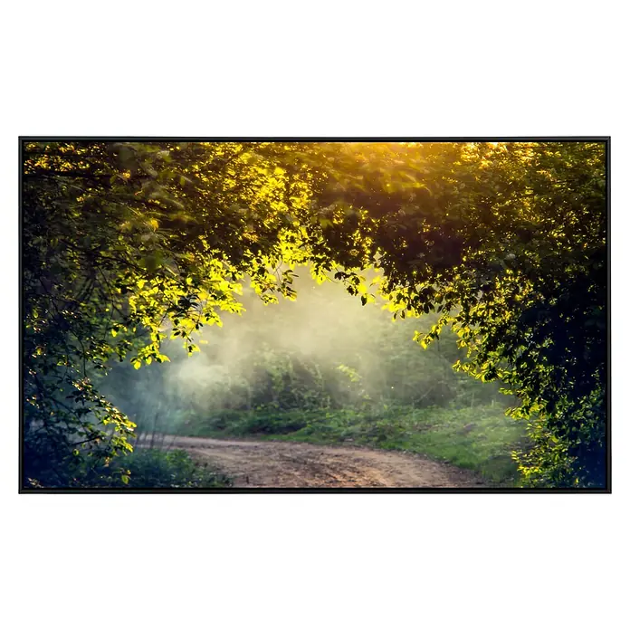 Papermoon Infrarot-Bildheizkörper Nebelwald im Frühling - 90 x 50 cm, 450 W - Waldweg im goldenen Licht. Ein idyllischer Pfad führt durch einen grünen Wald, der von warmem Sonnenlicht durchflutet wird, gerahmt von Bäumen.