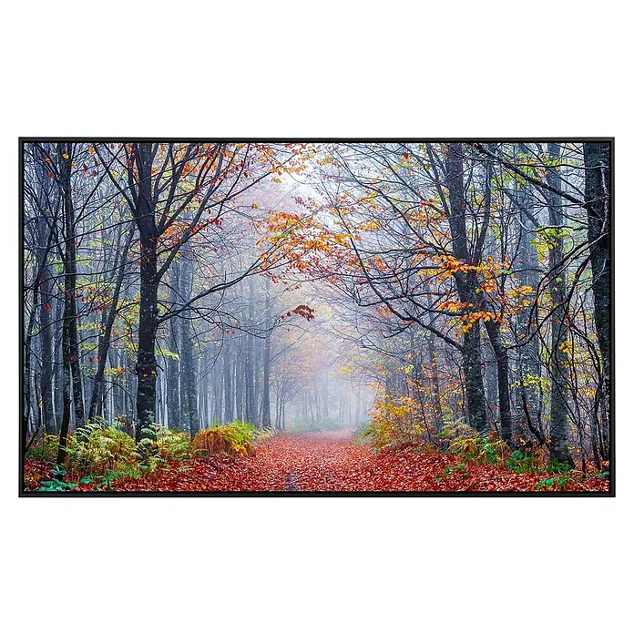 Papermoon Infrarot-Bildheizkörper Neblige Herbstwaldstraße - 120 x 60 cm, 1.200 W - Herbstlandschaft mit bunten Blättern und nebelverhangenem Wald, ein malerisches Naturschauspiel.