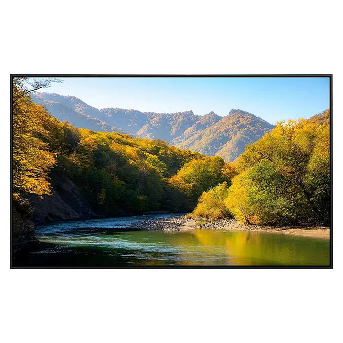 Papermoon Infrarot-Bildheizkörper Herbst Gebirgswald Fluss - 90 x 50 cm, 450 W - Landschaftsgemälde im schwarzen Rahmen mit Flusslauf, bunten Herbstbäumen und Bergen im Hintergrund unter blauem Himmel.