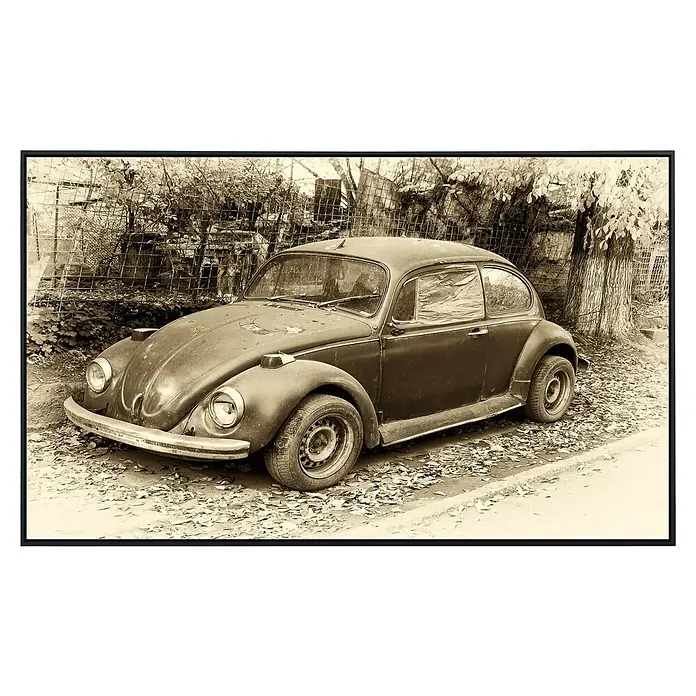 Papermoon Infrarot-Bildheizkörper Käfer Retro Auto - 100 x 60 cm, 800 W - Vintage-Aufnahme eines klassischen VW Käfer. Verwittertes Äußeres, detailreiche Ansicht dieses legendären Autos, das die Automobilgeschichte geprägt hat.