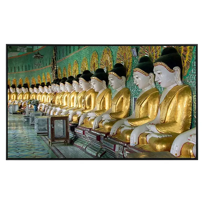 Papermoon Infrarot-Bildheizkörper U Min Thonze Buddhas - 60 x 50 cm, 350 W - Eine Reihe goldener Buddha-Statuen, die die spirituelle Atmosphäre des Tempels betonen. Ruhige Gesichter und goldene Roben strahlen Ruhe aus.