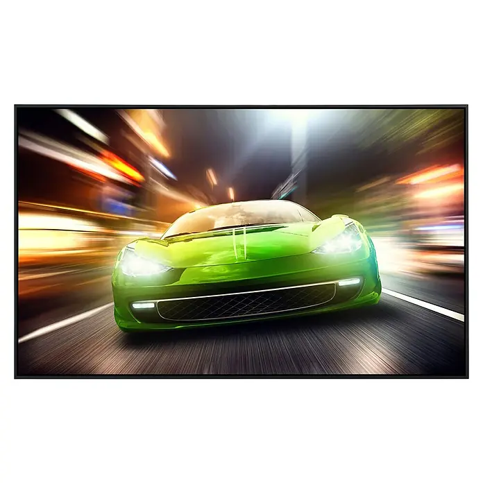 Papermoon Infrarot-Bildheizkörper Rennauto - 90 x 50 cm, 450 W - Nahaufnahme eines Fernsehers mit einem grünen Sportwagen, der auf der Leinwand mit hoher Geschwindigkeit fährt. Das Display ist optimal für dynamische Bilder.